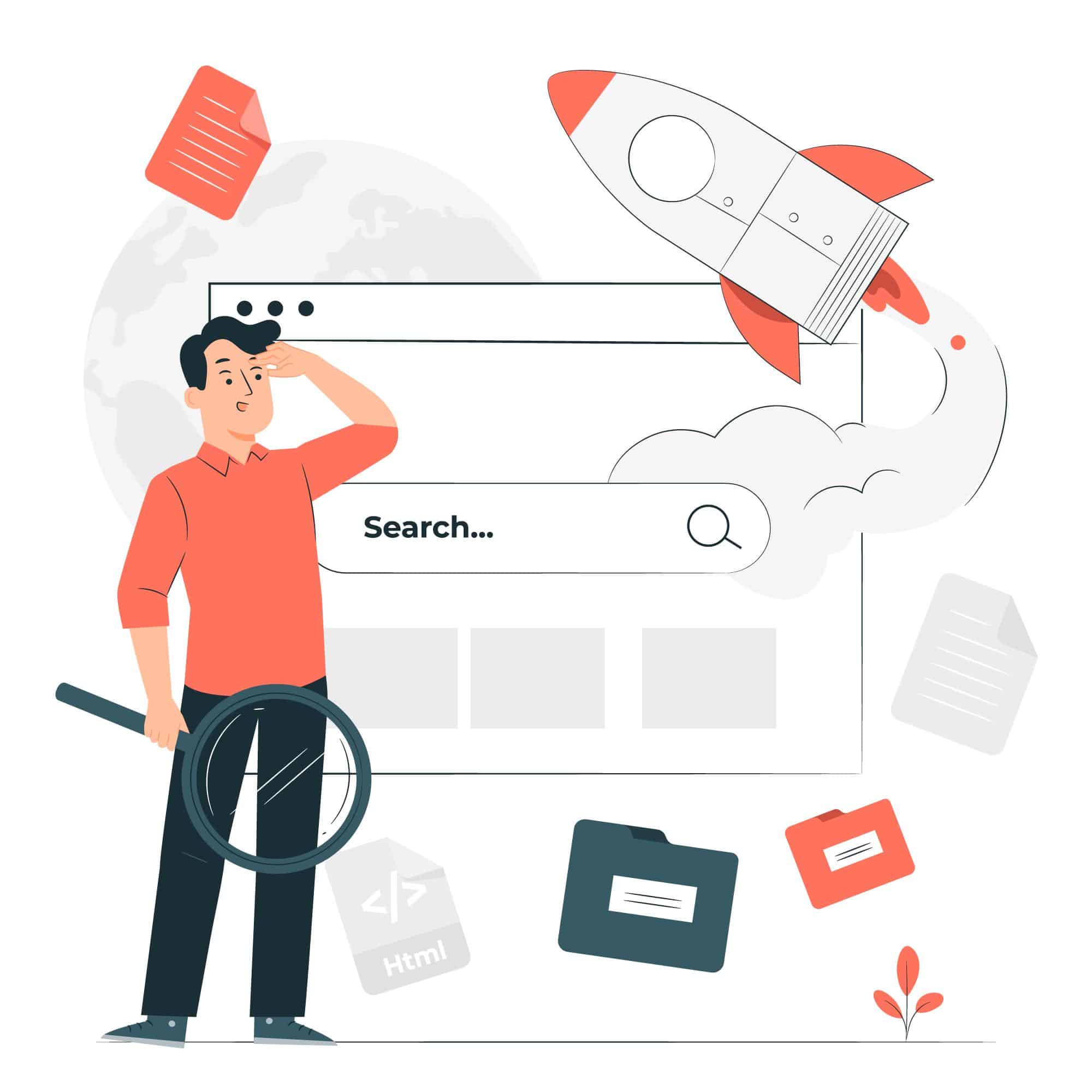 Man holding magnifying glass search icon to search online; SEO tools with rocketship