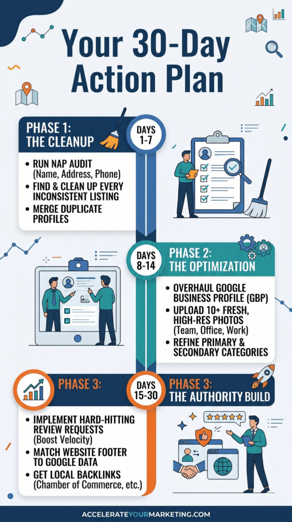 Infographic titled Your 30-Day Action Plan showing three local SEO phases: Cleanup, Optimization, and Authority Build
