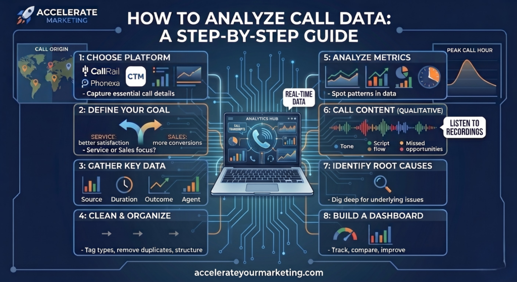 Accelerate Marketing infographic showing an 8-step guide on how to analyze call data for customer service and sales