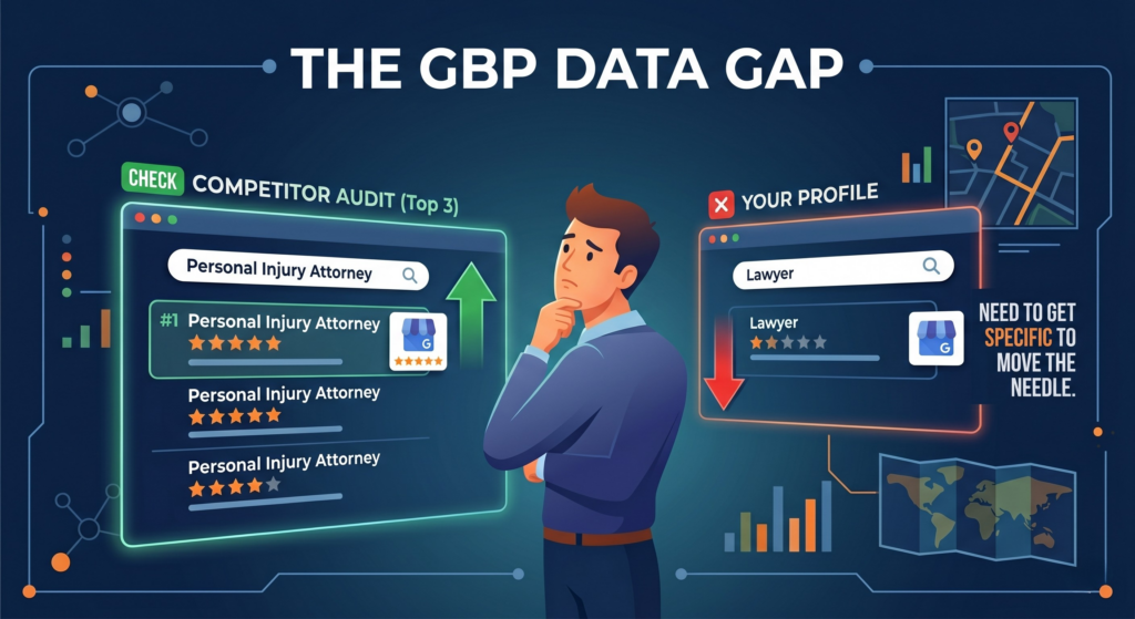 Infographic titled The GBP Data Gap comparing a highly optimized competitor profile to a generic Google Business Profile.