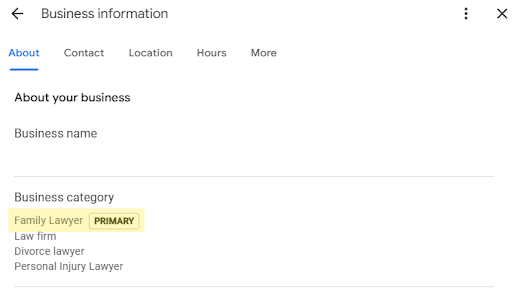 Screenshot of a Google Business Profile settings page showing Family Lawyer highlighted as the primary business category.