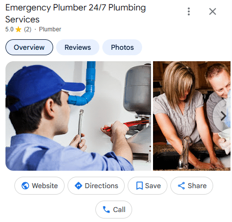 Google Business Profile screenshot showing a keyword-stuffed business name: Emergency Plumber 24/7 Plumbing Services