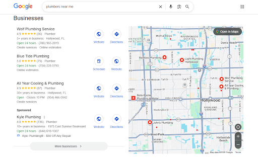 Screenshot of the Google Local Pack showing map results and business listings for a plumbers near me search.
