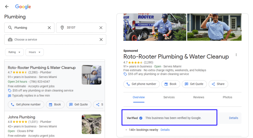 Screenshot of a Google Local Services Ad for Roto-Rooter Plumbing, highlighting the Verified by Google badge