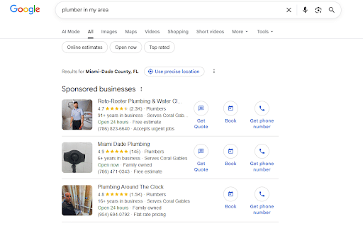 Screenshot of Google desktop search results showing the top three Sponsored Local Services Ads for local plumbers.
