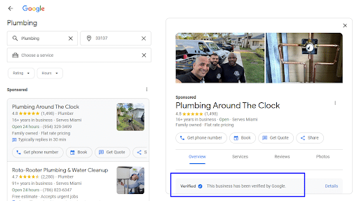 Screenshot of Google Local Services Ads for plumbing, highlighting the Verified by Google badge in a blue box.