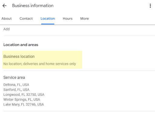 Screenshot of Google Business Profile location settings showing no physical location and a list of Florida service areas.