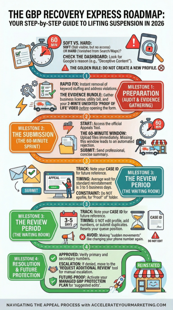gbp recovery roadmap Infographic titled The GBP Recovery Express Roadmap showing a 4-step guide to lifting a Google Business Profile suspension.