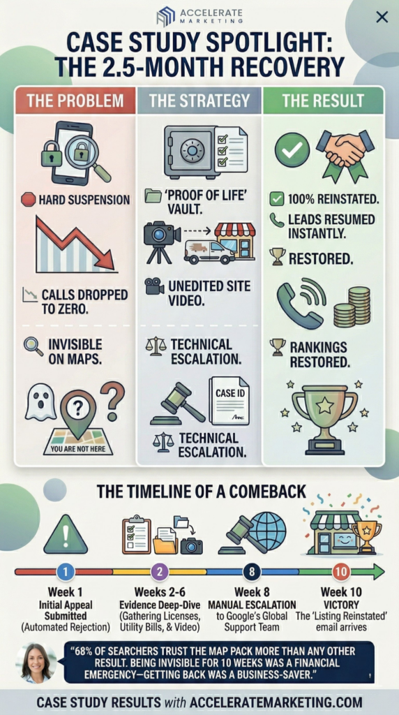 Blog infographic (6) Infographic titled Case Study Spotlight: The 2.5-Month Recovery showing a GBP suspension problem, strategy, and result