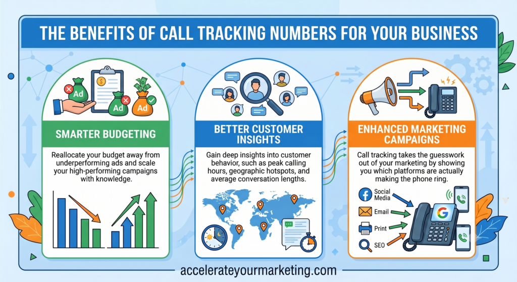 Infographic titled Types of Call Tracking Numbers, detailing Local, Toll-Free, DNI, and Off-Line numbers.