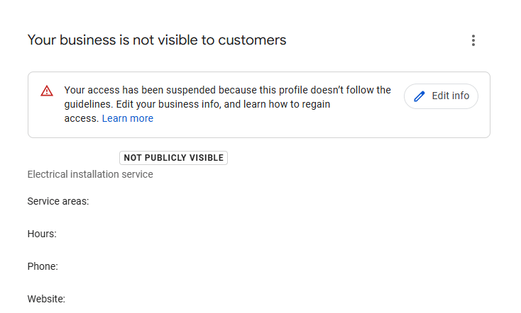 suspended gbp Screenshot of a Google Business Profile for an electrical service displaying a red suspension warning and not visible label.