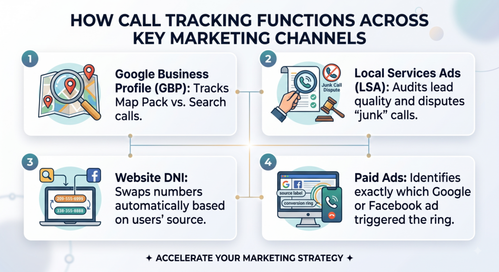Infographic explaining how call tracking functions across Google Business Profile, LSA, Website DNI, and Paid Ads.