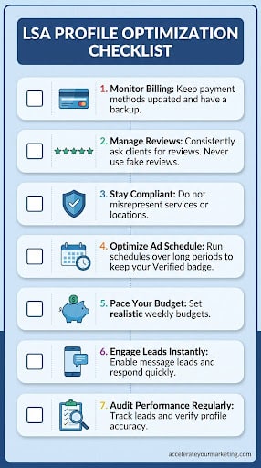 Infographic showing a 7-step LSA profile optimization checklist, including billing, reviews, scheduling, and budget pacing.